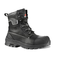 Black Safety Boot with laces, sole, scuff cap, heel cap, high ankle support and stitching and reflective pattern on side. Rock Fall branding on tongue.