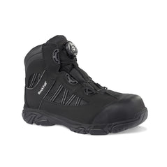 Grey Safety boot with twist fastening, sole, scuff cap and nirtile rubber upper and panels on side and scuff cap. Rock Fall branding on side and pull tab on back.