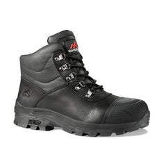 Black Safety Boot with laces, sole, scuff cap, heel cap, high ankle support and stitching pattern on side. Rock Fall branding on tongue.