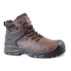 Brown Safety Boot with laces, scuff cap, ankle support, black pattern on side of boot and ProMan branding on side and on tongue.