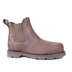 Brown Chelsea Safety Boot with brown sole, elasticated panel on side of ankle and pull loop on back of ankle.