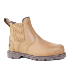 Tan Chelsea Safety Boot with brown sole, elasticated panel on side of ankle and pull loop on back of ankle.