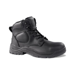Black Safety Boot with laces, sole, ankle support, padded panel on side of ankle and stitching pattern on side. Rock Fall branding on tongue.