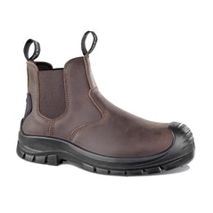 Brown Chelsea Safety Boot with black sole, elasticated panel on side of ankle and pull loops on front and back of ankle. Chunky sole with scuff and heel caps.