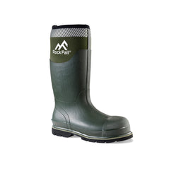 Green Safety Wellington with green panels on edge of black sole, heel and side of leg. Scuff cap, reinforced patch on back of ankle, neoprene at top of boot and black sole. Rock Fall branding on side of neoprene layer.