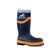 Blue Safety Wellington with orange panels on edge of sole, heel and side of leg. Scuff cap, reinforced patch on back of ankle, neoprene at top of boot and black sole. Rock Fall branding on side of neoprene layer.