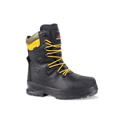 Black Safety Boot with yellow laces, sole, scuff cap, high ankle support in yellow and stitching pattern on side. Rock Fall branding on tongue.