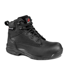 Black Women's Safety Boot with laces, sole, heel cap and Rock Fall branding on tongue and side.