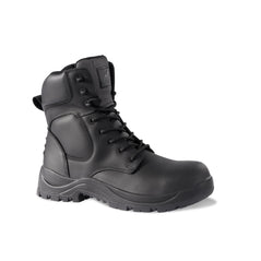 Black Safety Boot with laces, sole, high ankle support, padded panel on side of ankle and stitching pattern on side. Rock Fall branding on tongue and pull tab on back of ankle.