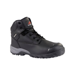 Black Safety Boot with laces, sole, ankle support, scuff cap and stitching pattern on side. Rock Fall branding on tongue and grey panel on side of sole.