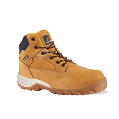 Honey Safety Boot with laces, sole, black panel on ankle support, scuff cap and stitching pattern on side. Rock Fall branding on tongue and beige panel on side of sole.