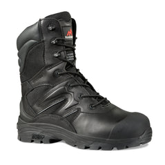 Black Safety Boot with laces, sole, high rise ankle support, scuff and heel caps and stitching pattern on side. Rock Fall branding on tongue.