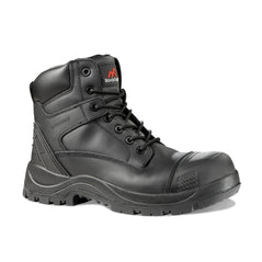 Black Safety Boot with laces, sole, ankle support, scuff and heel caps and stitching pattern on side. Rock Fall branding on tongue.