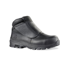 Black Welding Safety Boot with cover over fastening, sole, ankle support and stitching pattern on side. Rock Fall branding on side.