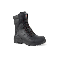 Black Safety Boot with black and red laces, sole, high rise ankle support, scuff and heel caps and stitching pattern on side. Rock Fall branding on tongue.