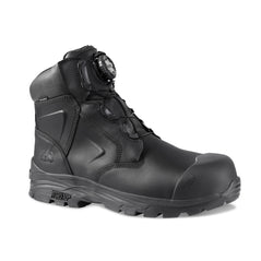 Black Safety Boot with black panel on high rise ankle support, tongue and scuff cap. Black sole, BOA twist lace system and stitching panels on side.