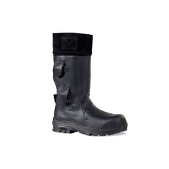 Black Safety Boot with sole, high rise ankle support, features on side and stitching pattern on side.