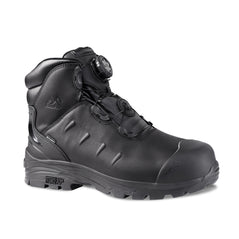 Black Safety Boot with black panel on high rise ankle support, tongue and scuff cap. Black sole, BOA twist lace system and stitching panels on side.