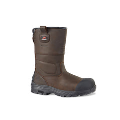 Brown Rigger Boot with high ankle, pull on loop on side, black sole and black scuff cap.