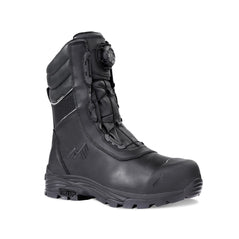 Black Safety Boot with black panel on high rise leg support, tongue and scuff cap. Black sole, BOA twist lace system and stitching panels on side.