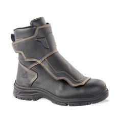 Black Safety Boot with cover over top of boot, sole, high rise ankle support, features on top and side and beige stitching pattern on side.