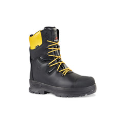 Black Safety Boot with yellow laces, sole, high rise ankle support with yellow panel, scuff and heel caps and stitching pattern on side. Rock Fall branding on tongue.
