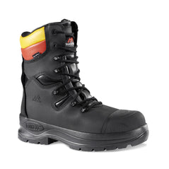 Black high leg safety boot with ankle support, laces, scuff cap, sole and red and yellow panels on top.