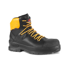 Black Safety Boot with yellow laces, sole, ankle support with yellow panel, scuff and heel caps and stitching pattern on side. Rock Fall branding on tongue.