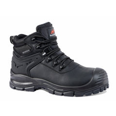 Black Safety Boot with laces, ankle support, scuff cap, black pattern on side of boot and Rock Fall branding on tongue.