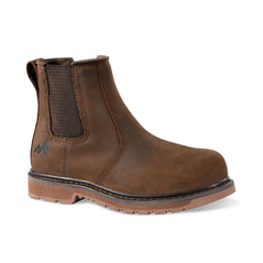 Brown Women's Chelsea Safety Boot with pull loop on back of ankle, elasticated panel on side of ankle and brown sole.