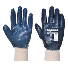 Navy PVC knit wrist glove with white cuff. Label with sizing and certification on.