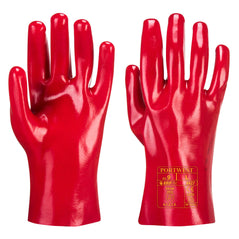 Red PVC gauntlet glove.