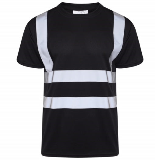 Black Hi vis crew neck t-shirt. T-Shirts have two hi vis waist bands and hi vis shoulder bands.  