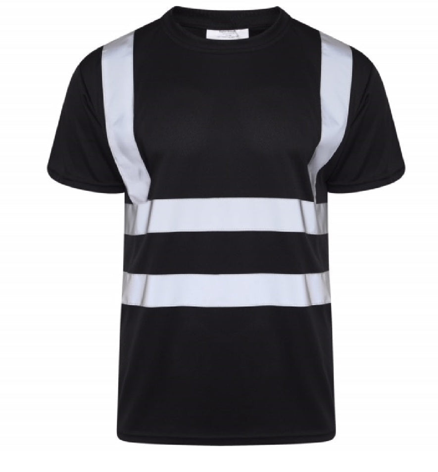 Black Hi vis crew neck t-shirt. T-Shirts have two hi vis waist bands and hi vis shoulder bands.