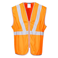 Orange full zip hi vis long length rail vest. Vest has zip fasten and two hi vis bands on the shoulders and waist band.