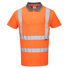 Orange hii vis polo shirt with short sleeves and grey collar. Hi vis  bands on the shirt and shoulders.