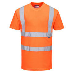 Orange Hi vis crew neck t-shirt. T-Shirts have two hi vis waist bands and hi vis shoulder bands.