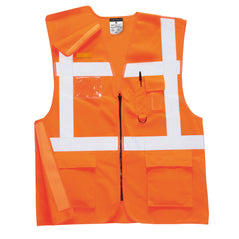 Orange executive vest suitable for the railways. Vest had two pockets on the lower body, a chest pocket, a pen pocket a d loop and two hi vis bands across the chest and shoulders. Vest is zip fasten.