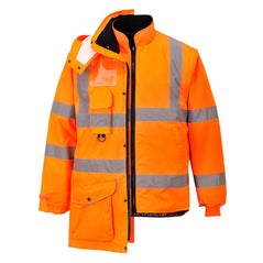 Orange Hi vis seven in one traffic jacket with two waist bands and shoulder bands. Zip and Pop button fasten with waist pockets chest pocket, ID badge holder, D loop and visible hood.