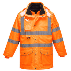 Orange Hi vis seven in one traffic jacket with two waist bands and shoulder bands. Zip and Pop button fasten with waist pockets chest pocket, ID badge holder, D loop and visible hood. 