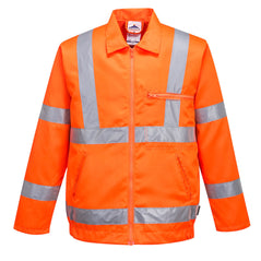 Orange Hi Vis poly-cotton jacket. Jacket has hi vis bands on the arms, body and shoulders. Jacket also has zip chest pocket. Jacketl has front fasten.