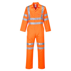 Orange Hi Vis coverall. Coverall has hi vis bands on the ankles, arms, body and shoulders. Coverall also has zip chest pocket. Coverall has front fasten.