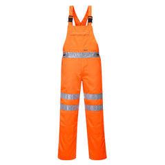 Orange hi vis Bib and brace with hi vis reflective strips on the knee and waist and orange shoulder straps and chest pocket.
