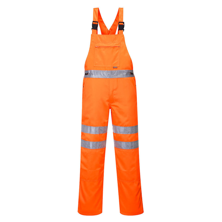 Orange hi vis Bib and brace with hi vis reflective strips on the knee and waist and orange shoulder straps and chest pocket.