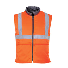 Orange reversible bodywarmer. Body-warmer is hi vis and has zip pockets on the front. Bodywarmer has hi vis bands across the chest and shoulders.