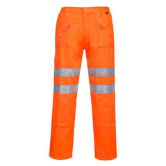 Orange Portwest Rail Action Hi vis trousers. Trousers have cargo pockets on the sides, Zip pockets on the pocket area and belt loops. Trousers have hi vis bands around the knee ares and are specialised for the rail industry.