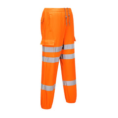 Orange Hi-Vis Jogging Bottoms with cargo pockets and reflective strips across middle and shins