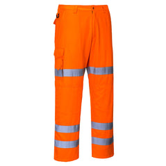 Orange hi vis three band combat trousers. trousers have cargo style pockets and three go bis bands. Bands are on the ankles and knee area.