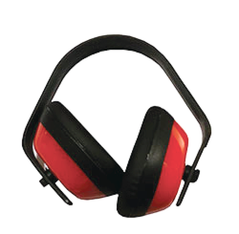 Red supreme TTF ear defenders. Ear defenders have a black padded headband and black padding around the ears.