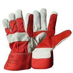 Red and grey double palm Canadian rigger glove. Glove is double palmed for extra durability.